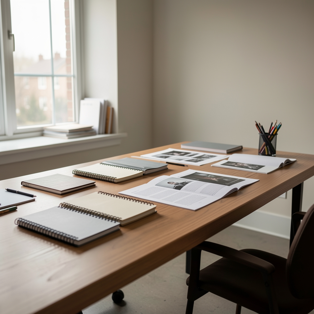 Quiet editorial workspace with a wide desk, natural light from a large window, notebooks and printed pages arranged carefully