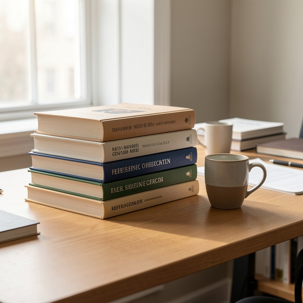 Stack of reference books and a ceramic cup on an editorial desk, clean and considered workspace in natural afternoon light