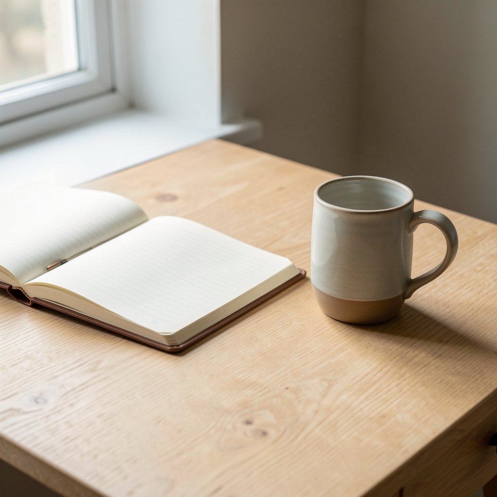 Morning ritual scene — notebook open beside a ceramic mug on a light wooden surface, soft natural daylight from a side window
