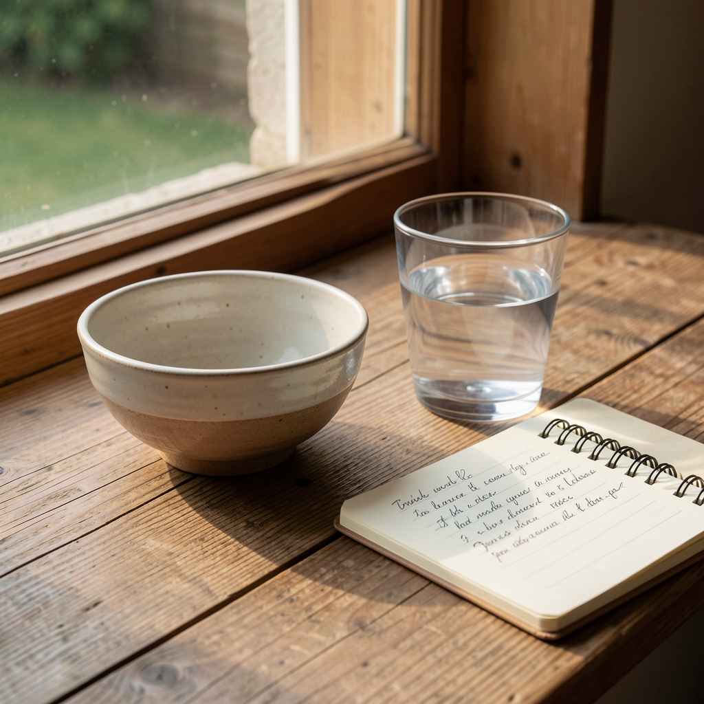 A ceramic bowl and a glass of water on a wooden windowsill in morning light, alongside a small notebook with handwritten notes