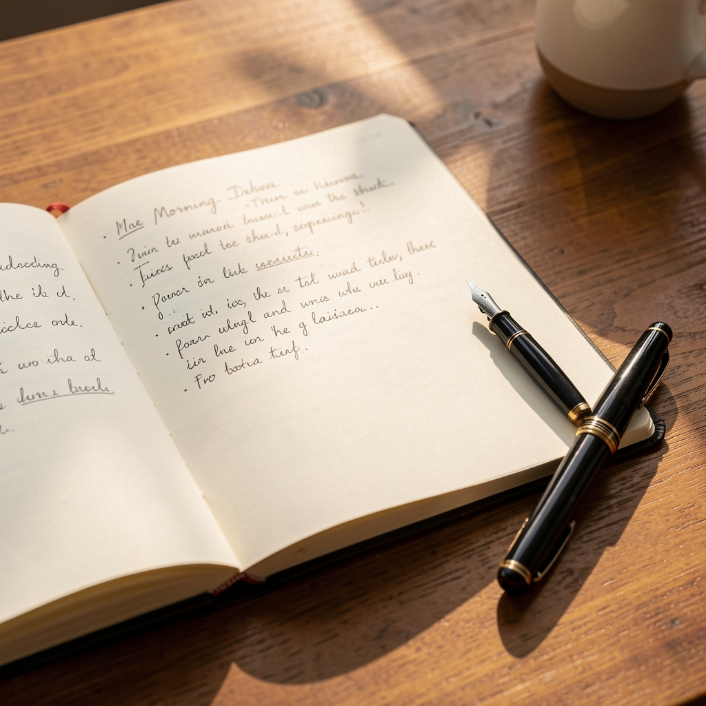 Open hardcover notebook with handwritten morning notes beside a fountain pen on a warm-toned wooden desk, morning light casting soft shadows