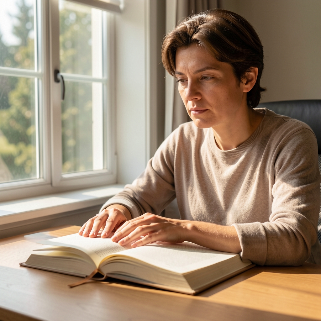 Person seated at a desk by a window in afternoon light, hands resting on an open journal, thoughtful posture