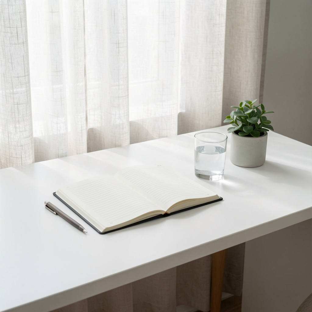 Clean white desk with an open notebook, a glass of water and a small plant in a minimalist home office setting under diffused daylight through linen curtains