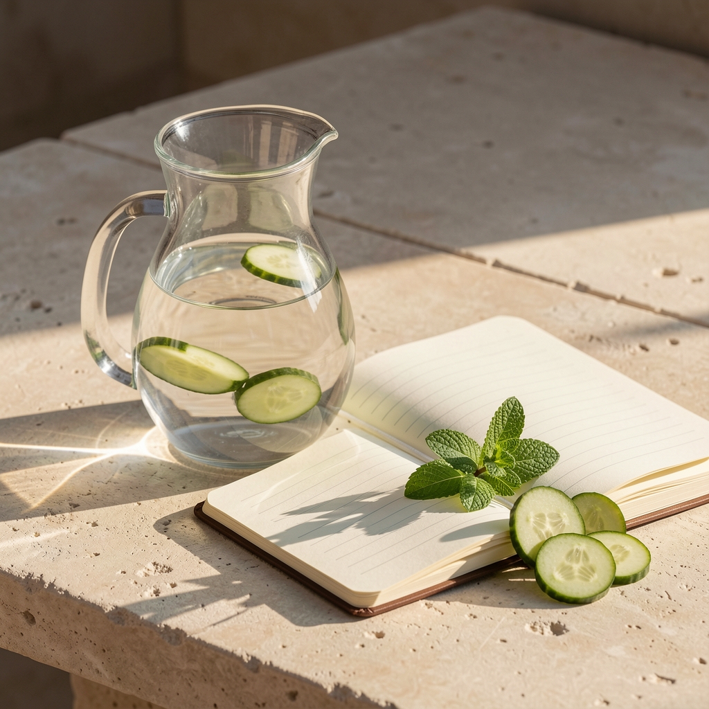 Glass pitcher of water with sliced cucumber and mint beside an open notebook on a light stone surface, afternoon sunlight casting long shadows
