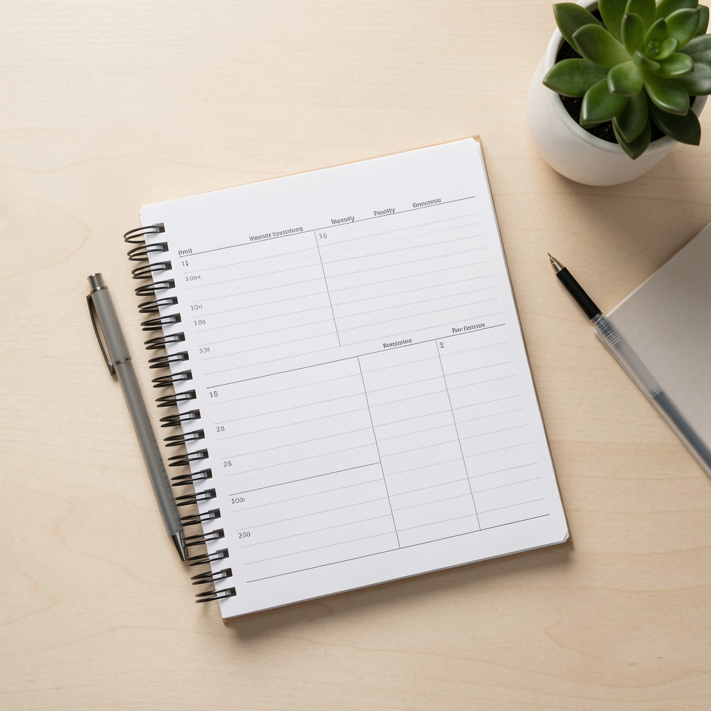 Flat lay of a weekly planner with a pen and small potted plant, natural light, clean desk environment