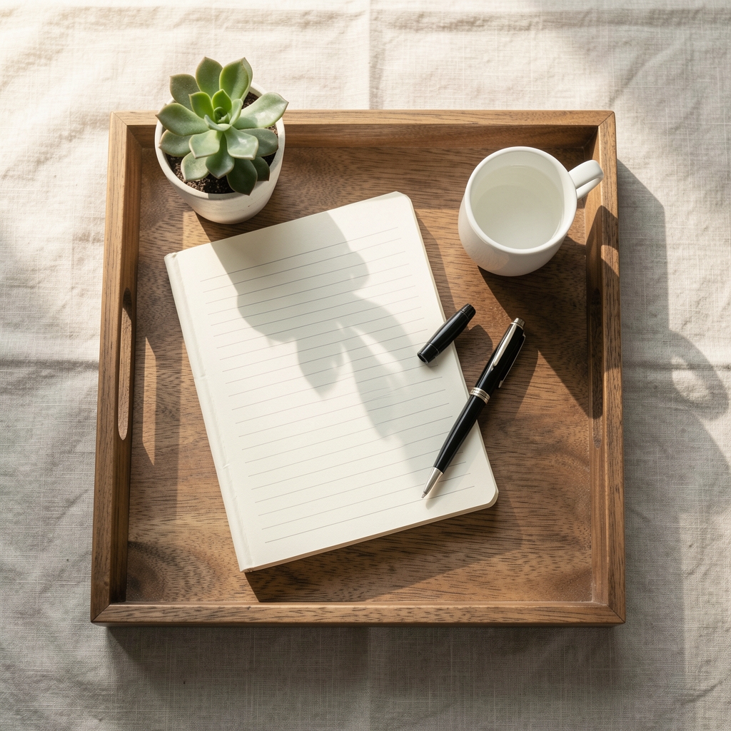 Overhead view of a wooden tray with a morning journal, a pen, a small plant and a white ceramic cup, arranged on a light linen surface in soft morning light