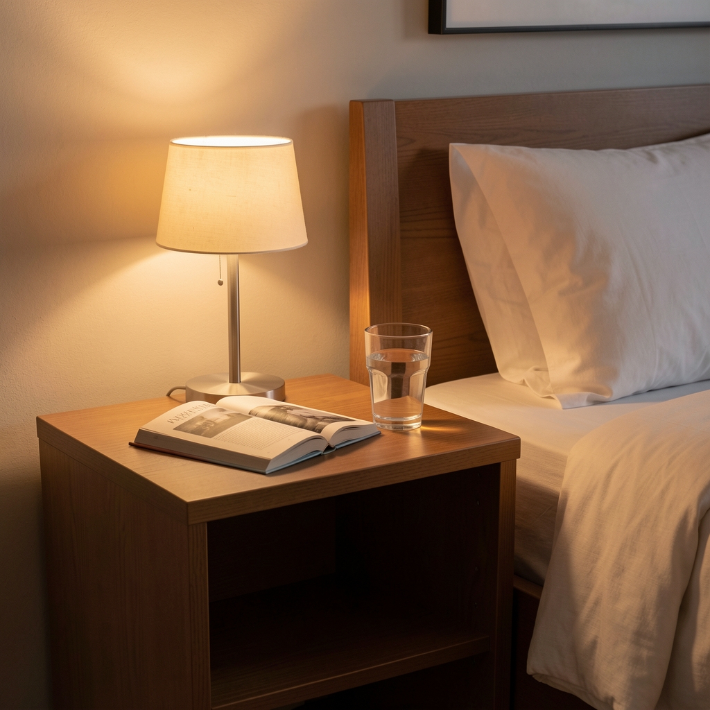 Bedside table in a calm bedroom setting with a small lamp, a paperback book and a glass of water, warm ambient light, evening preparation atmosphere