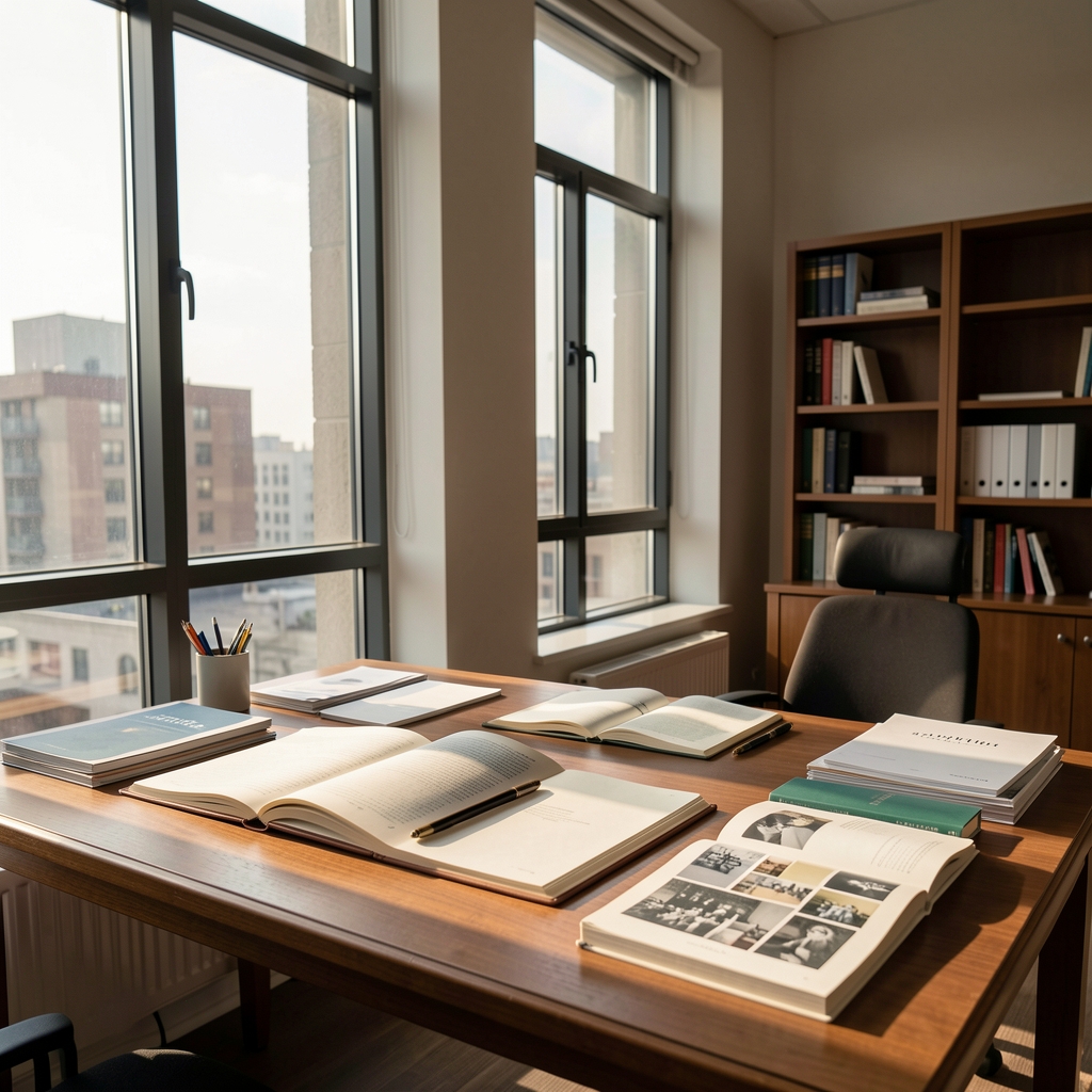Editorial office with a writing desk beside tall windows, afternoon light falling across open notebooks and reference materials