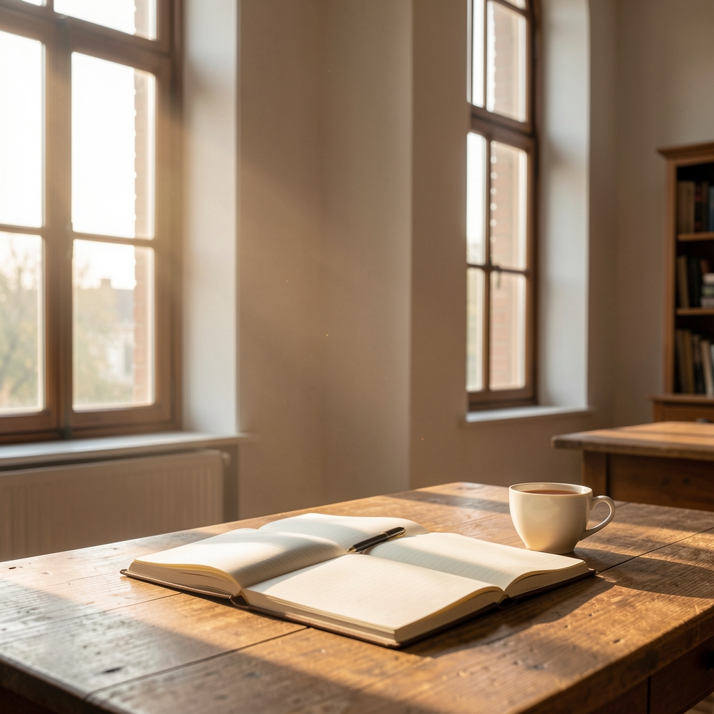 Morning light streaming through tall windows into a quiet workspace with an open notebook and a cup of tea on a wooden desk